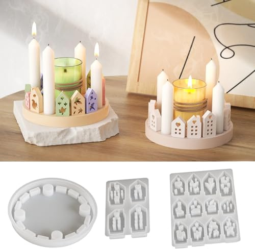 Silikonform Adventskranz Silikonformen Gießformen Adventskranz Gießform Adventskalender Weihnachten Häuser Kerzenhalter Form, Gipsformen zum Gießen Weihnachtsdeko Kerzen (#02)