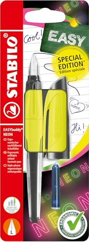 STABILO EASYbuddy NEON - Ergonomic School Fountain Pen - L-Nib - Left-Handed - Pack of 1 - Neon Yellow including Blue Ink Cartridge