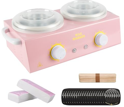 Professional Dual Wax Heater, Wax Heater 220V 200W, Wax Warmer for Hair Removal,1000ml Wax Pot Warmer with 20 Sticks&20 Collars&100 Wax Strips, for Salon, Spa & Home Use(Pink)