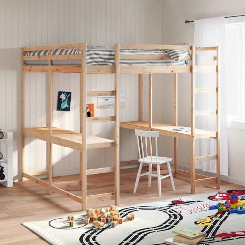 Yunovire Hochbett mit Schreibtisch & Leiter, 180x200 cm Massivholz Kiefer, stabiles Bettgestell für Schlafzimmer, platzsparendes Möbel für Kinder & Erwachsene