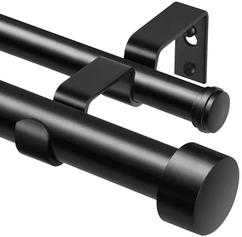 KAMANINA Schwarze Gardinenstange 2 Läufig 182-381 cm, Ø 25 mm Vorhangstange | Gardinenstange Doppelläufig, Verstellbar, Wandhalterung, Metall, bis 15 KG, mit Endkappen, für Fenster, Einfache Montage