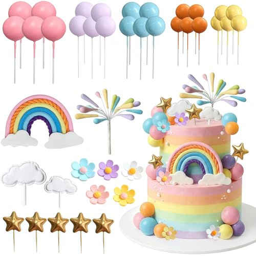 FloralGrace Regenbogen Kuchen Topper 39 Pièces Décoration Gâteau Arc-en-Ciel avec Boules Pastel Ornements Marguerite Fleur Cupcake Décoration Boho Fête pour Groovy Hippie