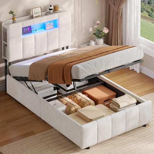AOGLLATI Bett 90x200 mit Hydraulisch Stauraum | Kinderbett mit LED-Beleuchtung & Ladestation Jugendbett 90x200 mit Stauraum Kopfteil Einzelbett Polsterbett(Beige, 90x200cm)
