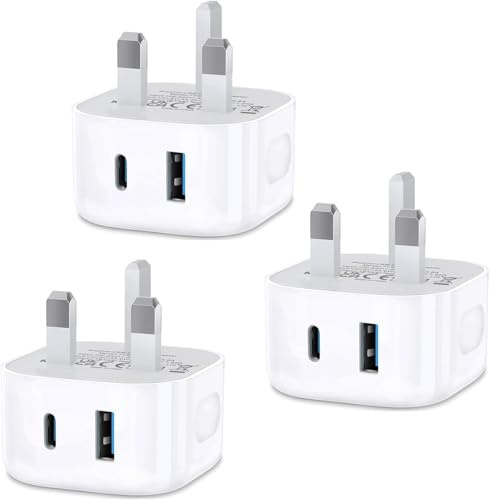 USB C Fast Charge Plug,3Pack Dual Port USB A and USBC Charger Plugs Adaptor UK Wall Charge for iPhone 17 Pro Max 16e 16 Plus Pro Max 15 14 13 12 11 SE Watch iPad Pro Mini Air,Type-C Ports Charging