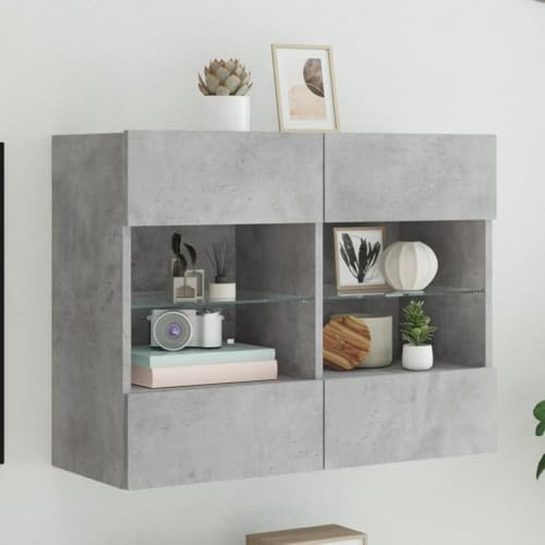 GeenYuu Meuble TV Mural Gris béton avec lumières LED RVB, Bois d'ingénierie, 78,5x30x60,5 cm, 2 étagères en Verre, Rangement pour Salon séjour, Design Moderne Industriel Suspendu