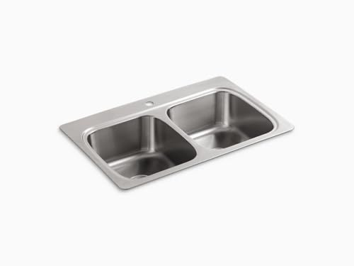 KOHLER 5267-1-NA Verse 33 Kitchen Sink Drop In Top-Mount Double-Bowl, Stainless Steel, 1 Faucet Hole, Durable and Easy-to-Clean Design, 33x22 Drop In Kitchen Sink