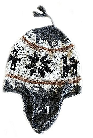 Alpacaandmore Traditionelle Unisex grau/weiß/Schwarze Chullo Mütze Strickmütze naturbelassene Alpakawolle handgestrickt