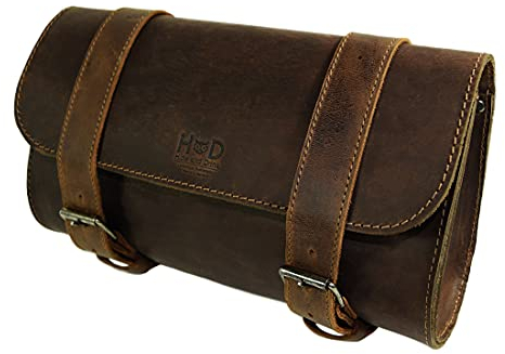 Hide & Drink Motorrad-Lenkertasche aus dickem Leder, handgefertigt, Tasche für Zubehör, Satteltasche Bourbon-Braun.