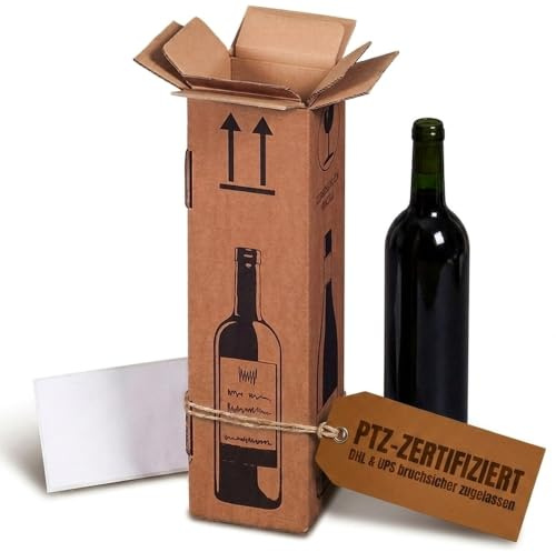 KK Verpackungen Flaschenversandkarton | 60 Stück, Weinkarton für 1 Flasche | DHL & UPS pTZ-zertifiziert | Doppelwelle, Weinversand Bordeaux, Schlegel, Sekt, Champagner | Mit Falthülse