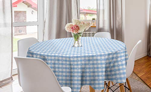 ABAKUHAUS Kariert Runde Tischdecke, Gingham mit Herzen, Kreis Tischdecke Abdeckung für Esszimmer Küche Dekoration, 150 cm, Blassblau Weiß