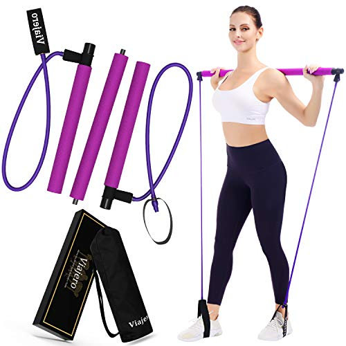 Viajero Pilates Bar Kit mit 2 Latex-Übungs-Widerstandsbändern für tragbares Heim-Fitness-Workout, 3-teilige Stäbchen, All-in-One-Kraftgewichte, Ausrüstung für Körper-Fitness, Kniebeugen, Yoga, mit
