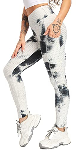 RIOJOY Damen Push Up Leggings mit Taschen, High Waist Anti Cellulite Booty Leggins für Sport Yoga Fitness, Weiß S