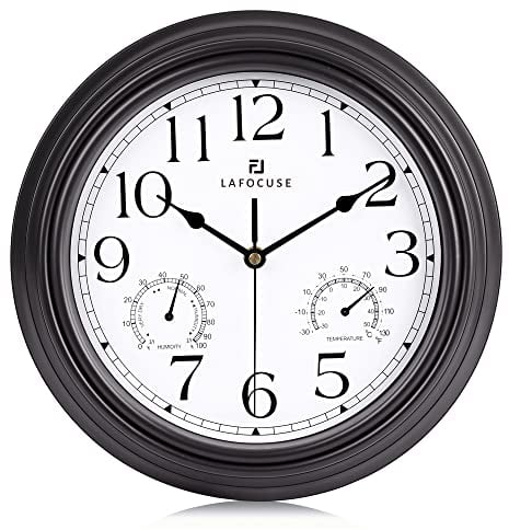 Lafocuse Schwarz Grau Wanduhr mit Temperaturanzeige und Luftfeuchtigkeit, Vintage Wanduhr Ohne Tickgeräusche für Küche Wohnzimmer Schlafzimmer 30cm
