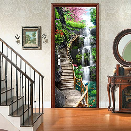 A.Monamour Sticker Porte Autocollant Poster De Porte 3D Promenade en Montagne Cascade Lac Nature Paysage Vinyle Affiche De Porte Sticker Mural Papier Peint Art Décor 77 x 200 cm
