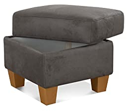 Cavadore Hocker Ammerland / Stauraumhocker mit Holzfüßen, als Fußhocker oder Beistellhocker / 58 x 48 x 58 / Wildlederoptik, Grau