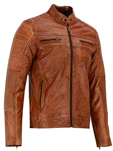 Leatherick Giacca da motociclista in vera pelle dall'aspetto invecchiato marrone chiaro, marrone invecchiato (3XL)