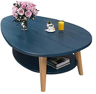 YXDFG Schreibtisch Ovaler 2-Stöckiger Couchtisch,Ovaler Couchtisch Aus Holz Mit Offenen Regalen,Moderner Sofa-Seitenakzent-Beistelltisch Mit Massivholzbeinen,Blau,90×50×42cm