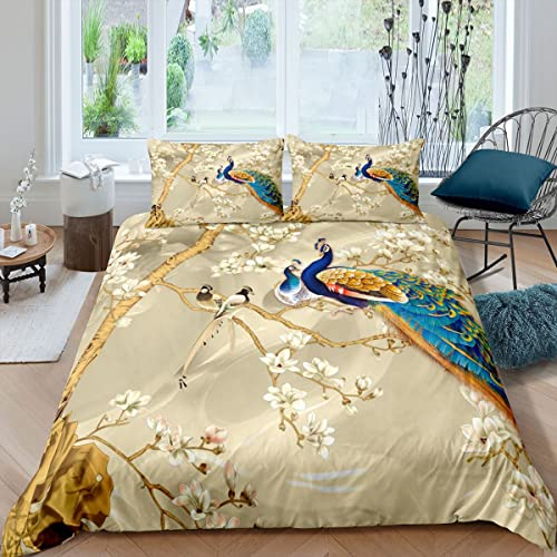 Loussiesd Pfau Betten Set Pfau mit Blumen Bettwäsche Set 135x200cm für Kinder Erwachsene Mädchen Tiere Bettbezug Set Botanisch mit 1 Kissenbezug