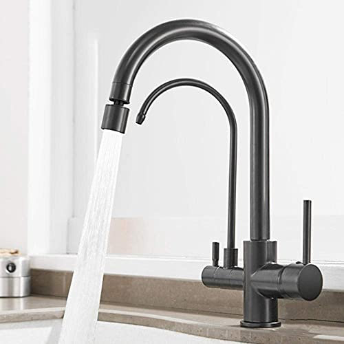 SXLSZ 3 Wege Wasserhahn Küche, Trinkwasser Osmose Spültischarmatur Küche 360° Drehbar Küchenarmatur Doppelte Steckdose Messing, Trinkwasserhahn Amatur Küchenspüle-Schwarz-A
