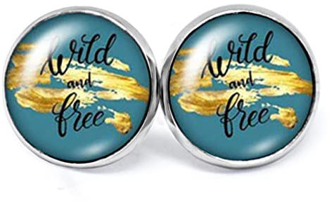 JUANLOWE Wild and Free Ohrringe mit Spruch, silberfarbene Ohrstecker aus Edelstahl, blau türkis gold