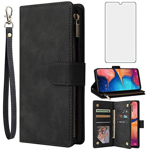 Asuwish Handyhülle für Samsung Galaxy A20e Hülle mit Folie Schutzfolie und Kartenfach Klappbar Leder Geldbörse Ständer Reißverschluss A20 E A 20e Schutzglas Handy Hüllen Schutzhülle Phone Case Schwarz