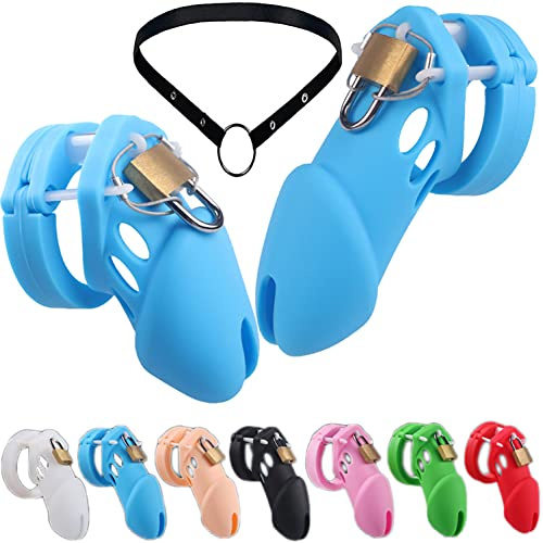 Weiche Silikon Keuschheitskäfig Männlichen Atmungsaktiv Keuschhei Tsgürtel Cock Cage Keuschheit Gerät, 7 Farben Penis Lock Käfig Sex Spielzeug Mit 5 Cock Ring & Zubehör & Gürtel Für Männer,Blue/l