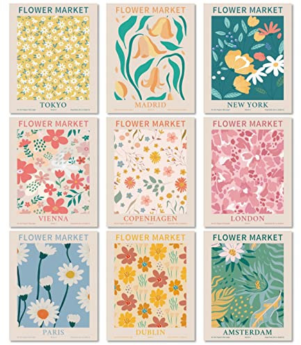 MINI ZOZI Blumenmarkt-Poster, Wandkunstdrucke, ästhetisch, dänisch, pastell, Matisse, Blumendruck, Poster-Set, trendig, für Schlafsaal, Dekoration, niedliche Blumen, ungerahmt, Gemälde, Collage, 9