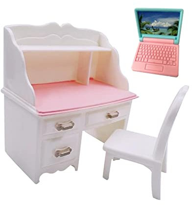 SM SunniMix 1/6 Puppenhaus Schreibtisch mit Stuhl, Miniatur Schreibtisch Holz mit Stul, Puppenhaus Möbel Set, Mini Computertisch, DIY Szenenmodell für Kinder Puppenhausdekoration, mit grünem Laptop