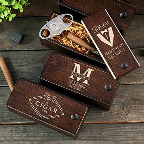 Personalized Cigar Humidor Box for Travel Groomsmen, Wooden Father/Dad Gifts for Men, Desktop Solid Accessories, Engraved Name, Father's Day Keepsake, Portable Home and Office