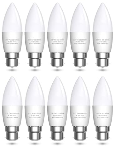 Bonlux B22 LED Candle Light Bulbs Bayonet 60W Equivalent, 7W Bayonet Light Bulb B22 LED Candle Bulb Warm White 3000K for Chandelier, C37 Energy Saving Light Bulbs 600LM, Non-Dimmable, Pack of 10
