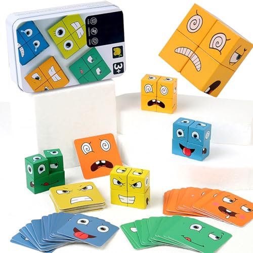 Ausdruck Holzwürfel Bauwürfel, Bunte Zauberwürfel Baustein Spielzeug Set, Interaktives Emoji Holzwürfel Puzzle für Kinder ab 3 Jahren (Orange)