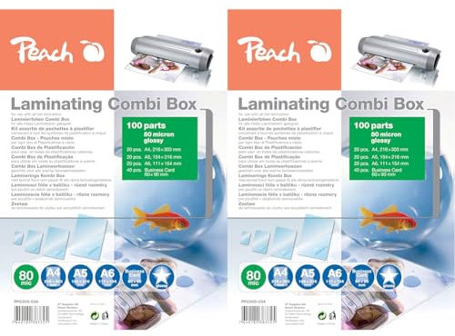 Peach Laminierfolien A4, A5, A6 Sparset - 80 mic - 100 pouches - glänzend - kompatibel mit Laminiergeräten aller Markenhersteller - PPC500-03A (Packung mit 2)