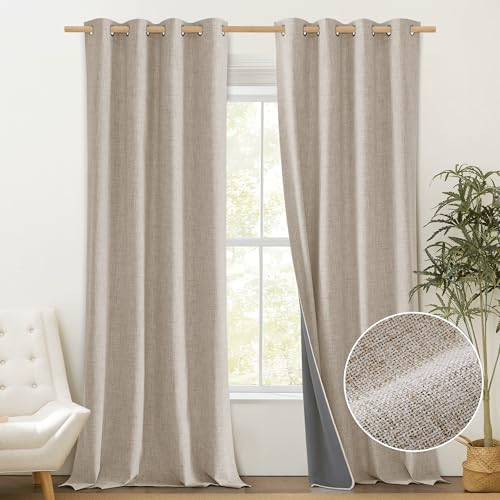 PONY DANCE Rideaux Occultant - Rideau Lin Thermiques Isolants Anti Chaleur 100% Lumiere Bloquer avec Oeillets Bronzée Décoratifs pour Salon Chambre, Beige Clair, 132 x 260 cm, 2 Pièces