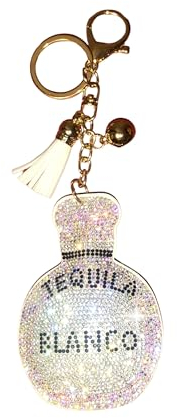 Popfizzy Porte-clés en strass pour femme, porte-clés de voiture, porte-clés de voiture, breloques de sac à main, porte-clés de sac, Bouteille de tequila (doré), Large