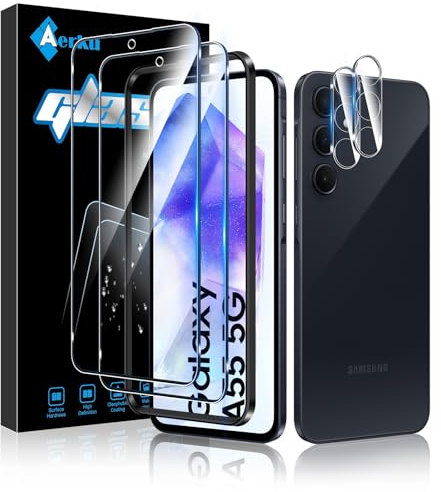 Aerku Verre Trempé pour Samsung Galaxy A55 5G avec Caméra Arrière Protecteur [2+2 Pièces], Dureté 9H [Sans Bulles] [Ultra HD] Ultra Résistant Film Vitre Trempé Protection écran [Transparente]