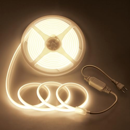 Aclorol 220V COB LED Strip Lights 5M Waterproof COB LED Light Strip Warm White 3000K Plug in High Density Rope Light Flexible for Outdoor Bedroom Patio Garden Decor