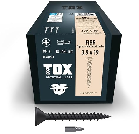 TOX Gipsfaserplattenschrauben FIBR 3,9 x 19 mm, magaziniert für schnelle Montage mit Magazinschrauber, HiLo-Gewinde für Metall- und Holz-Unterkonstruktionen, 1000 Stück im Karton, 142643253919