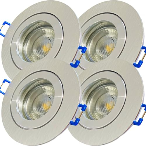 LED Bad Einbaustrahler 230 Volt | 4 x 5 W LED | Farbe ALUMINIUM geb. IP44 LED Einbauleuchte Neptun Rund Neutralweiss Feuchtraum Dusche Innen oder Aussen geeignet Rostfrei LED Austauschbar Schutzglas