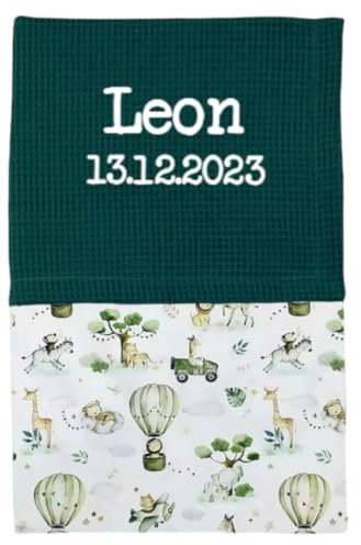 Ahoiikids Babydecke mit Name und Geburtsdatum Bestick Waffelpique personalisiert (DarkGreen - Safari)