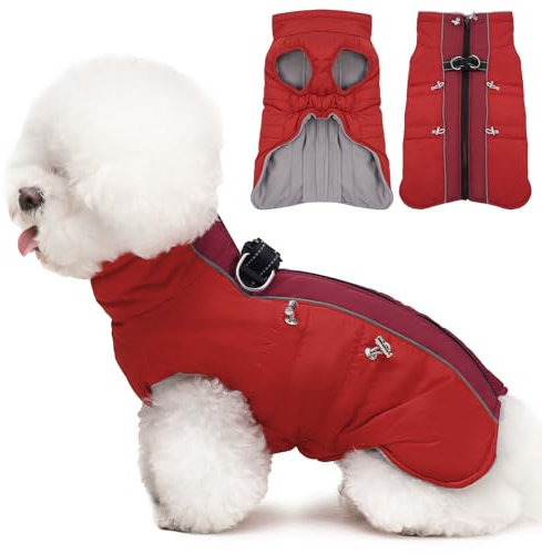 Katzinst Wintermantel Hund Klein, Wasserbeständig Hundeanorak mit Bauchschutz und Rollkragen, Schneemantel Hund, Sehr Schönes Material, Hundebekleidung für Schnauzer, Rot, S