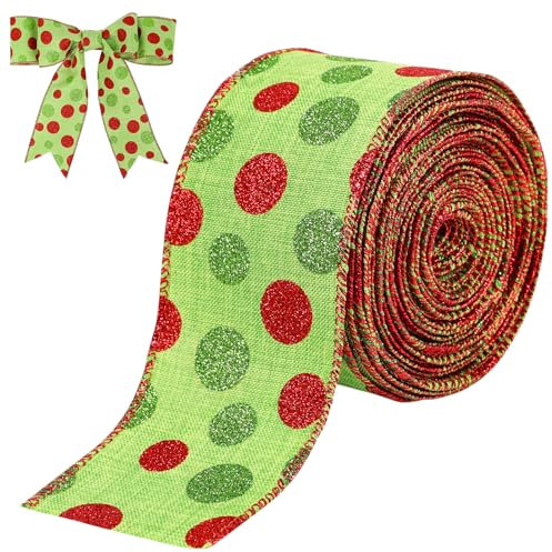 Green Glitter Wired Christmas Tree Ribbon, 63mm x 10M Wired Ribbon for Wreaths, Gift Wrapping, Bows Making and Christmas Tree Decoration