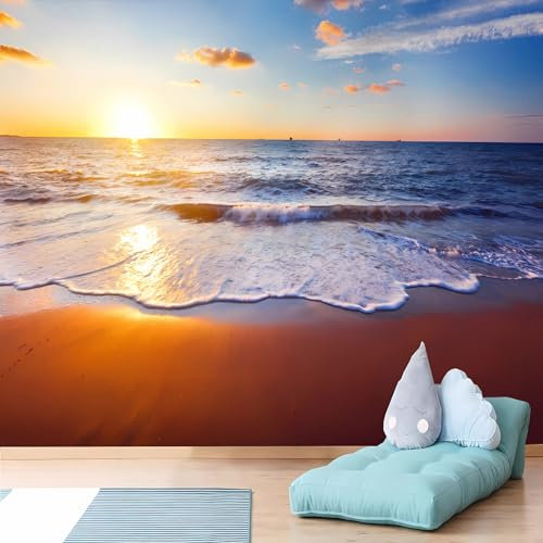Lcythiazole Customizable Size Peel and Stick Hd Sunset Wallpaper Golden Beach Murals Ocean Wallpaper Ocean Waves Wallpaper Murals for Living Room Bedroom Bathroom