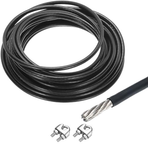 sourcing map 33Ft(10M) Wire Rope 304 Stainless Steel Cable 1/4 (6 mm) Vinyl Coated with 2pcs Screw Chuck for Hanging, Clotheslines, Lifting Black