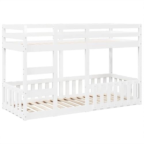 vidaXL Etagenbett, Kinderbett mit Rausfallschutz Leiter, Stockbett mit Lattenrost, Bett Holzbett Bodenbett, Weiß 75x190cm Massivholz Kiefer