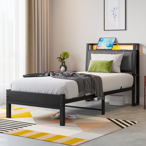 FOUBAM Single Bed Frame, 3FT Bed Frame Ergonomics with Charging Station and LED Lights, Heavy Duty Platform Bed Frame with Fabric Storage Sloped Headboard, No Box Spring Needed, Slats Support(Black)