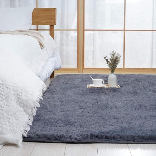 XUEDNGM Shaggy Hochflor Teppich Fellteppich 100 x 120 cm Anti-Rutsch, Flauschig, Weich, Waschbar, Langflor Wohnzimmer Läufer Carpet Langflor Teppich Langflor für Wohnzimmer, Schlafzimmer, Grau
