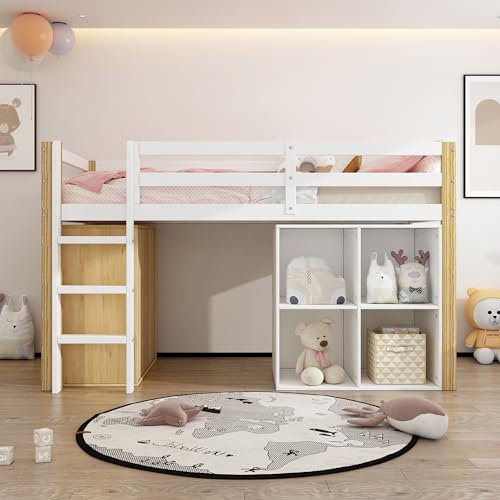 Gelukueub Kinderhochbett, multifunktionales Kinderbett, einzelnes Kinderbett, mit 2 Aufbewahrungsschrank und Leiter, ohne Matratze, 90 x 200 cm, Natur + Weiß