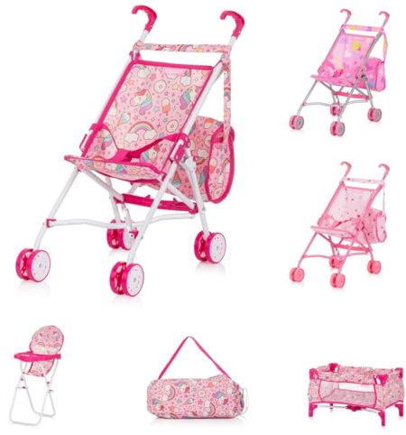 Chipolino Puppen-Zubehör-Set 3in1 Trixy Buggy Hochstuhl Tasche Laufstall faltbar, Farbe:pink