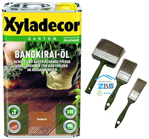 zbs24 Xyladecor Bangkirai Öl 5 Liter, für Terrassendielen und Möbel, exellenter Wetter-und UV-Schutz, Schützt und Pflegt Hölzer im Aussenbereich inkl. 3 teiligem Pinselset