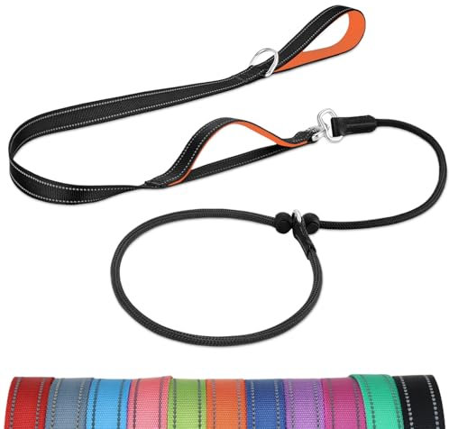 Joytale Doppelter Griff Retrieverleine mit Zugstopp, 1,8m Verhedderungsfreies Trainingsleine für Hunde, Reflektierend Führleine aus weichem Nylon für Kleine und Mittlere Hunde, Schwarz-Orange